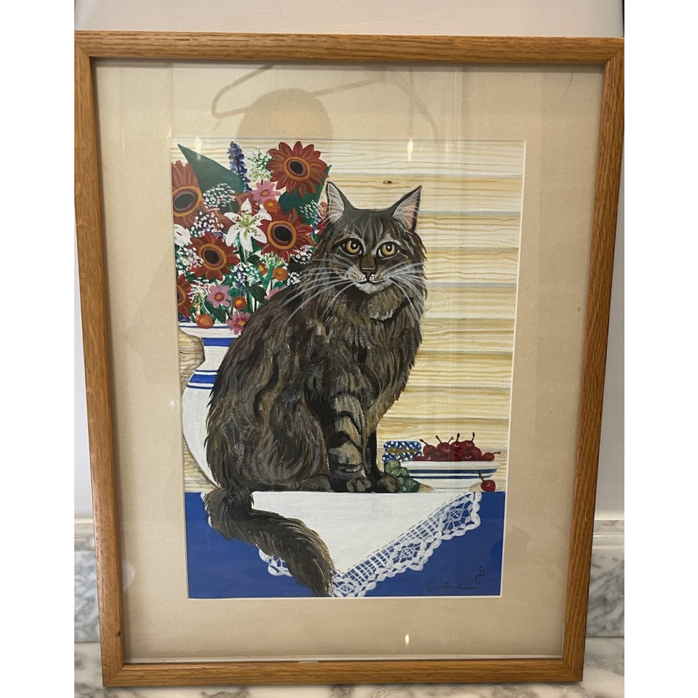 Original Jan Panico Signed Painting – Maine Coon Cat with Florals 12x16